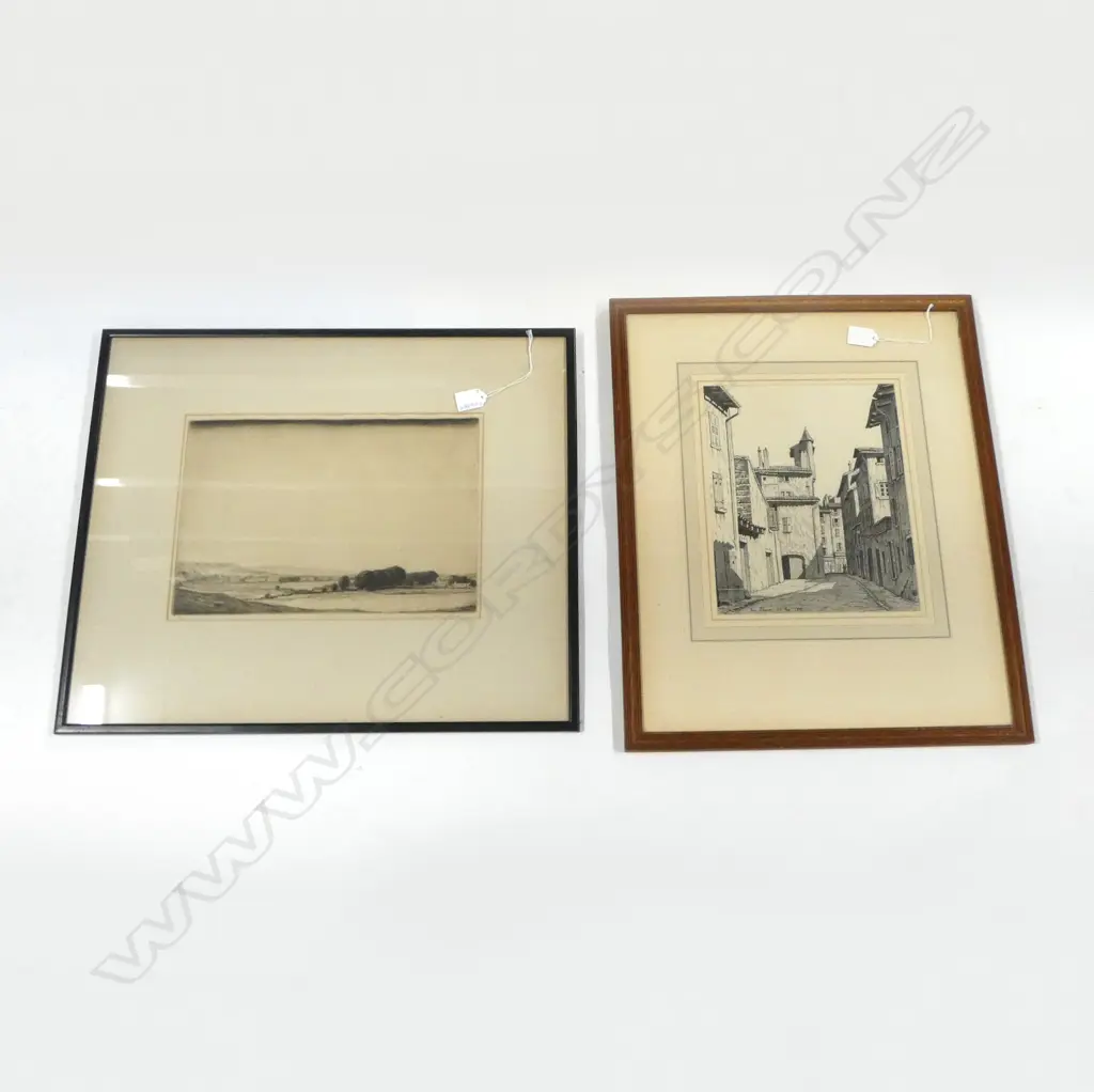 2 ETCHINGS; IAN STRANG 'LE PUY' 1931 PENCIL DRAWING 280x225mm ANTHONY RAINE BARKER (1880-1960) LANDSCAPE ETCHING 245x345 Image 1++