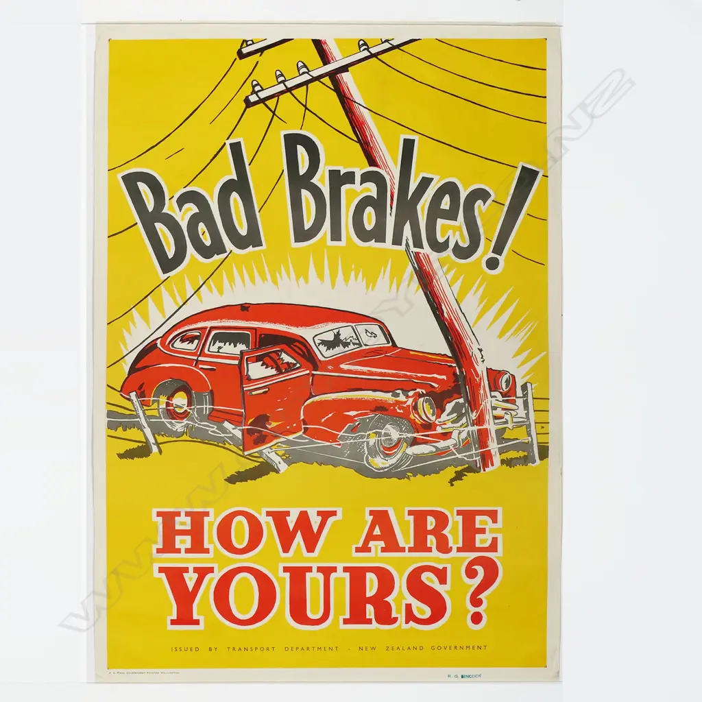 VINTAGE POSTER 'Bad Brakes. How are Yours? Issued by the Transport Department New Zealand Government' 755 x 510mm  Image 1++