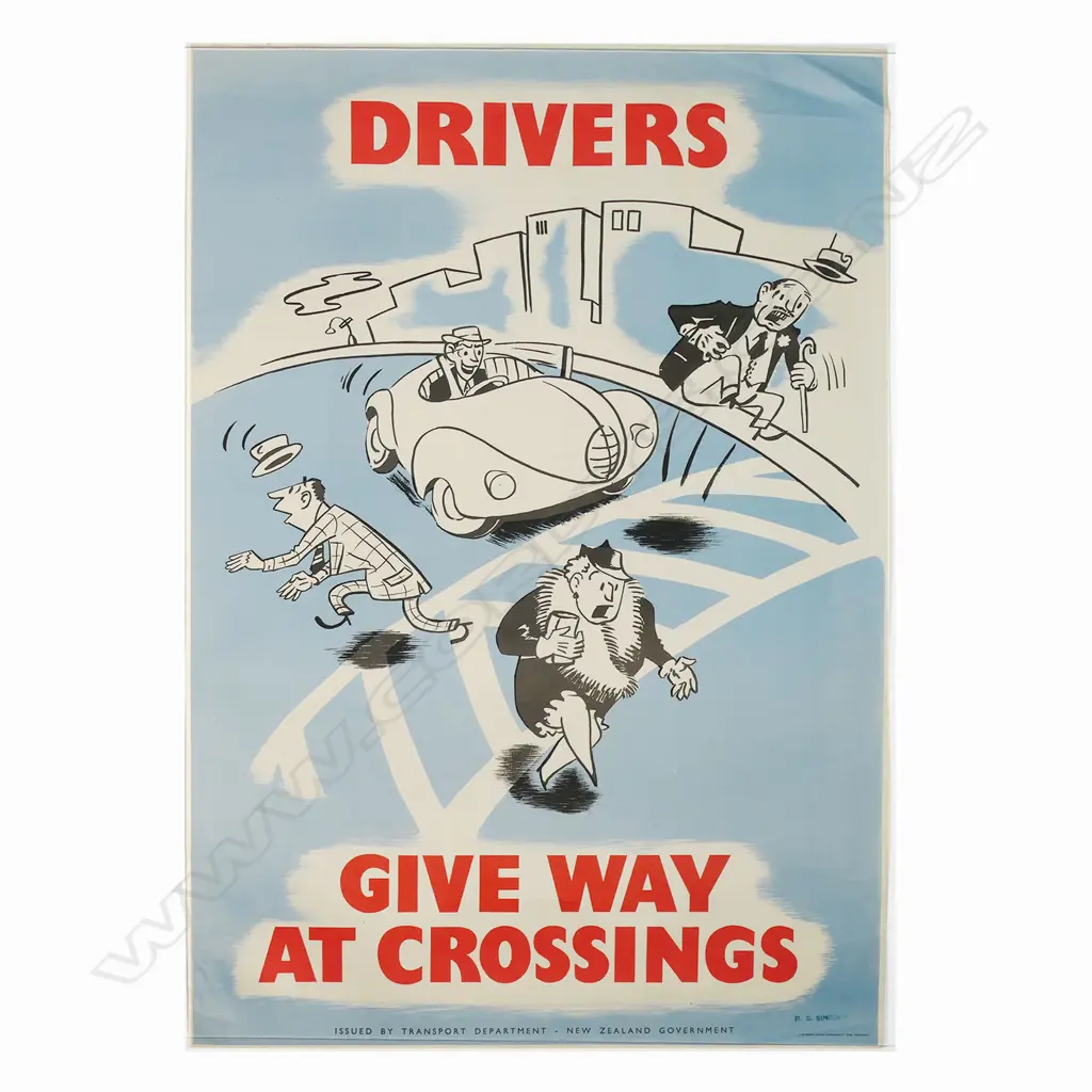 VINTAGE POSTER 'DRIVERS GIVE WAY AT CROSSINGS' issued by Transport Dept. NZ Government 735 x 480mm. Image 1++