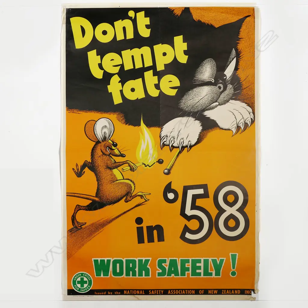 VINTAGE POSTER 'Don't tempt fate in '58 Work Safely' 'Issued by the National Safety Association of NZ' Image 1++
