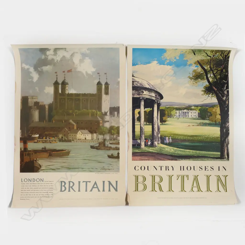 2 BRITISH VINTAGE TRAVEL POSTERS: 'Country Houses in Britain' + Britain: The Tower of London, Largest: 770 x 510mm Image 1++