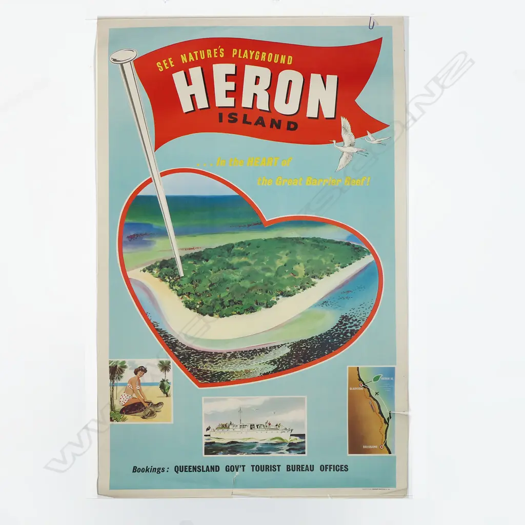 VINTAGE TRAVEL POSTER 'HERON ISLAND...in the HEART of the Great Barrier Reef!' Queensld Gov't Tourist Bureau 970 x 620mm Image 1++