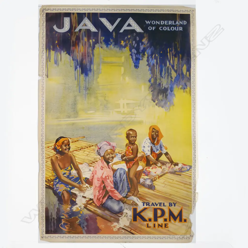 VINTAGE POSTER 'JAVA WONDERLAND OF COLOUR TRAVEL BY K.P.M. LINE' by H.M. Burton printed John Sands Sydney 1000 x 645mm Image 1++