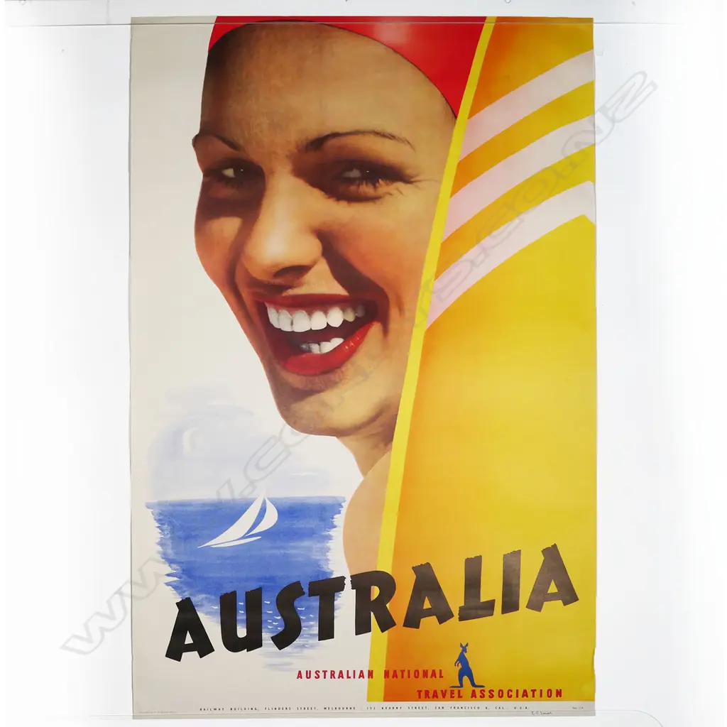 AUSTRALIAN VINTAGE SURFING POSTER c.1956. 'AUSTRALIA Australian National Travel Association' No.114. 1050 x 635mm  Image 1++