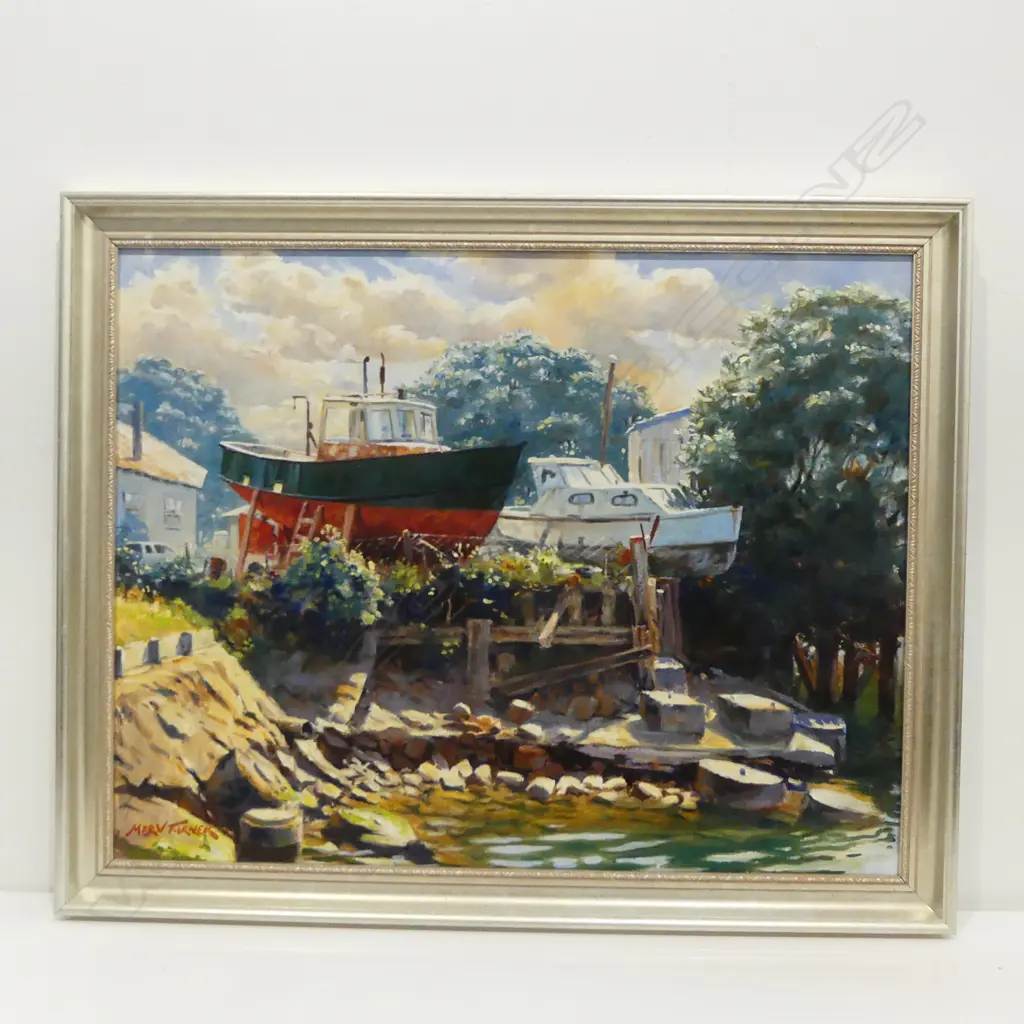 MERV TURNER, HIGH & DRY, FISHERMANS WHARF TAURANGA, ACRYLIC ON BOARD, 580x740mm Image 1++