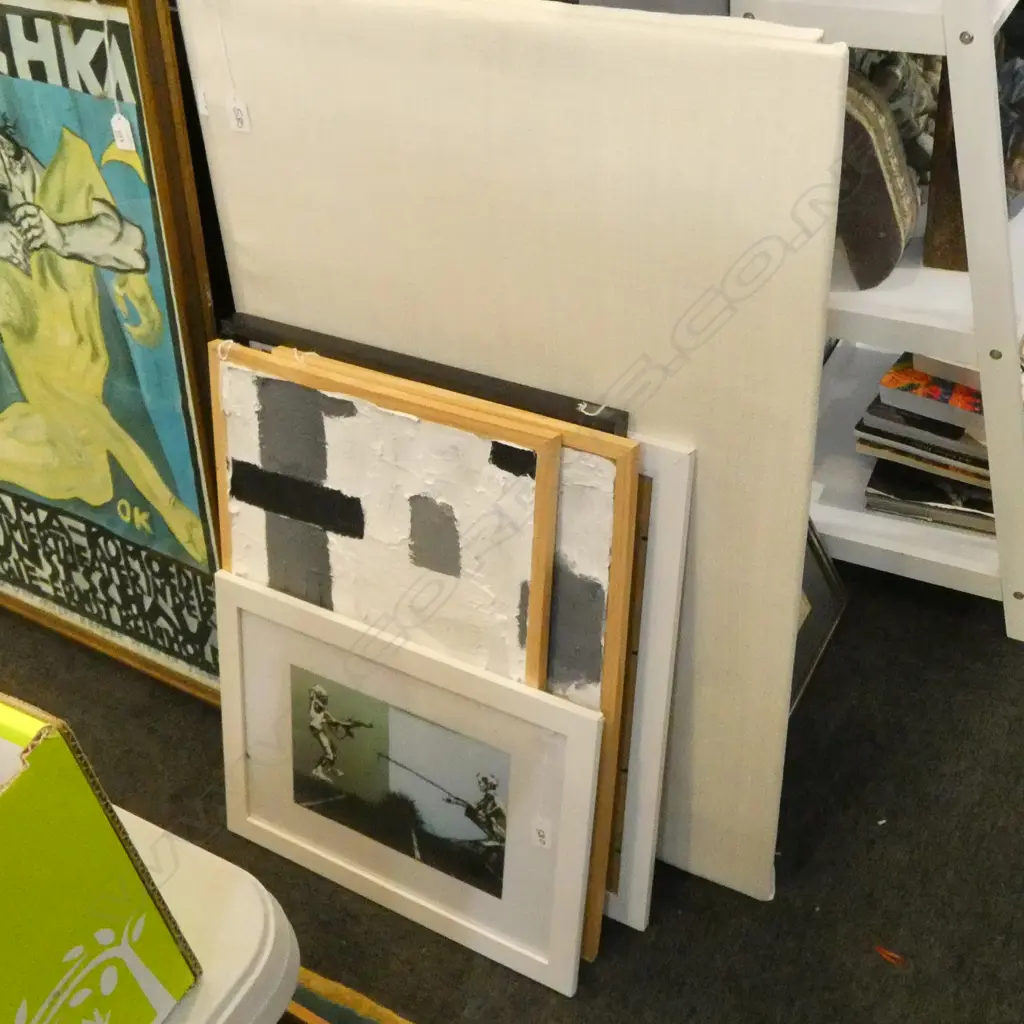 7 ASST.; 2 PINBOARDS, SIGNED AUCKLAND PRINT, 2 ABSTRACT WORKS, 2 FRAMED PRINTS.  Image 1++
