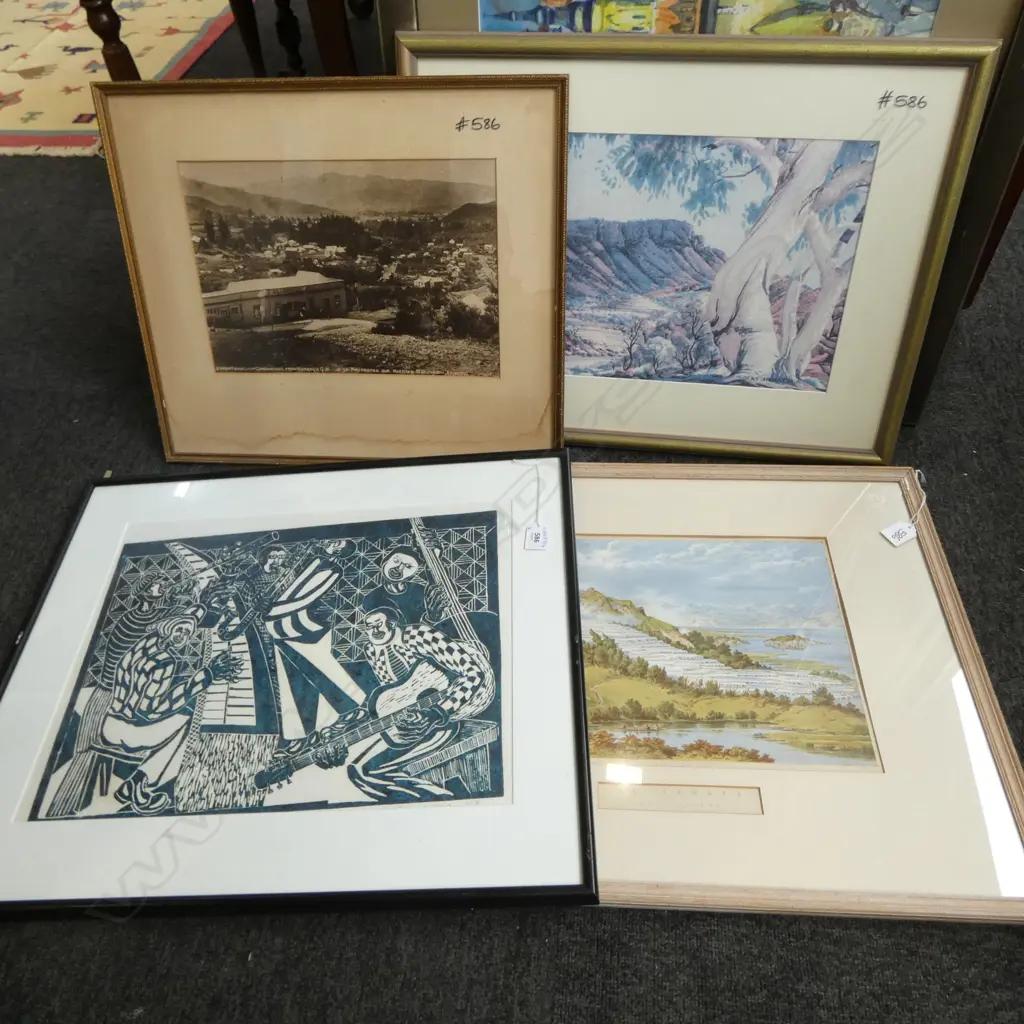 4 PRINTS ARTWORKS; BAND, TE TARATA WHITE TERRACES 265x365mm, ALBERT NAMATJIRA 265x400mm, COROMANDEL LATE 19thC  Image 1++