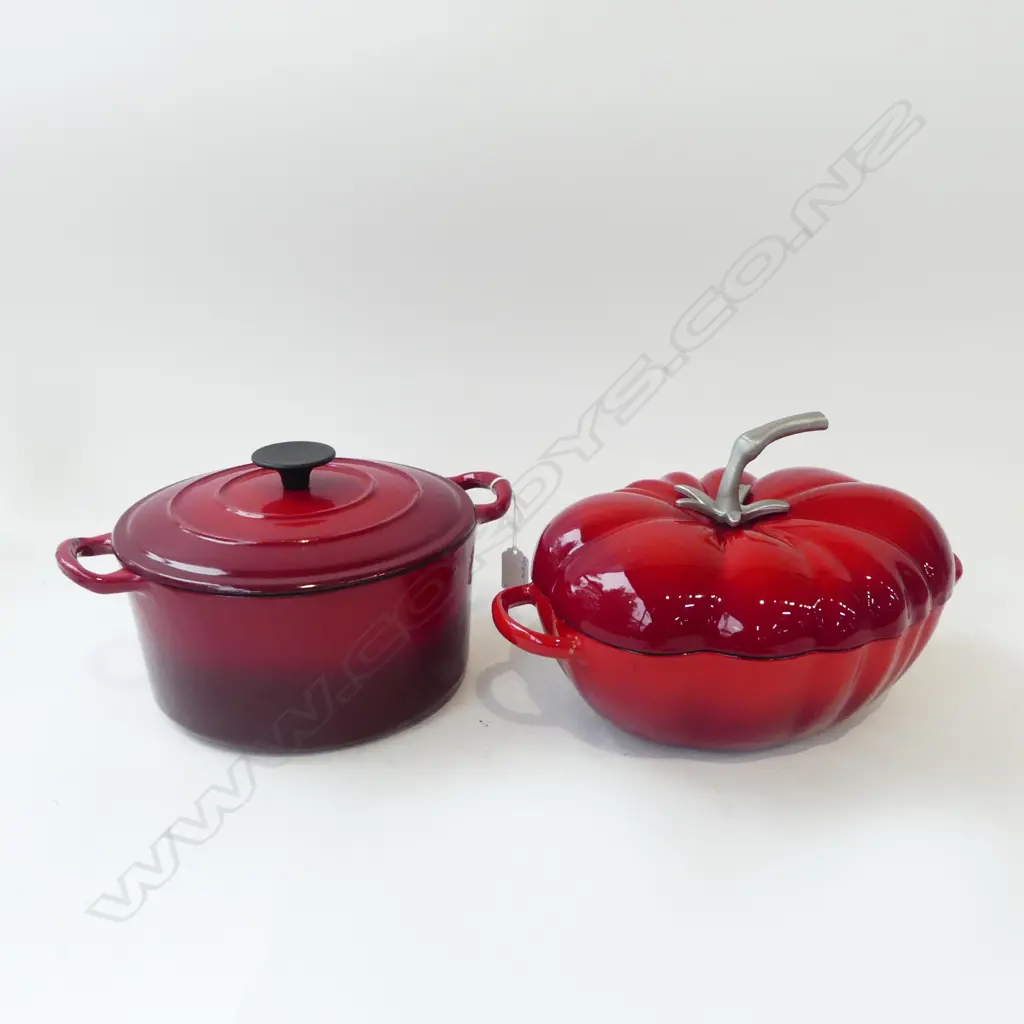 TWO CAST IRON & ENAMEL CASSEROLES, 1 w. DAMAGE INSIDE Image 1++