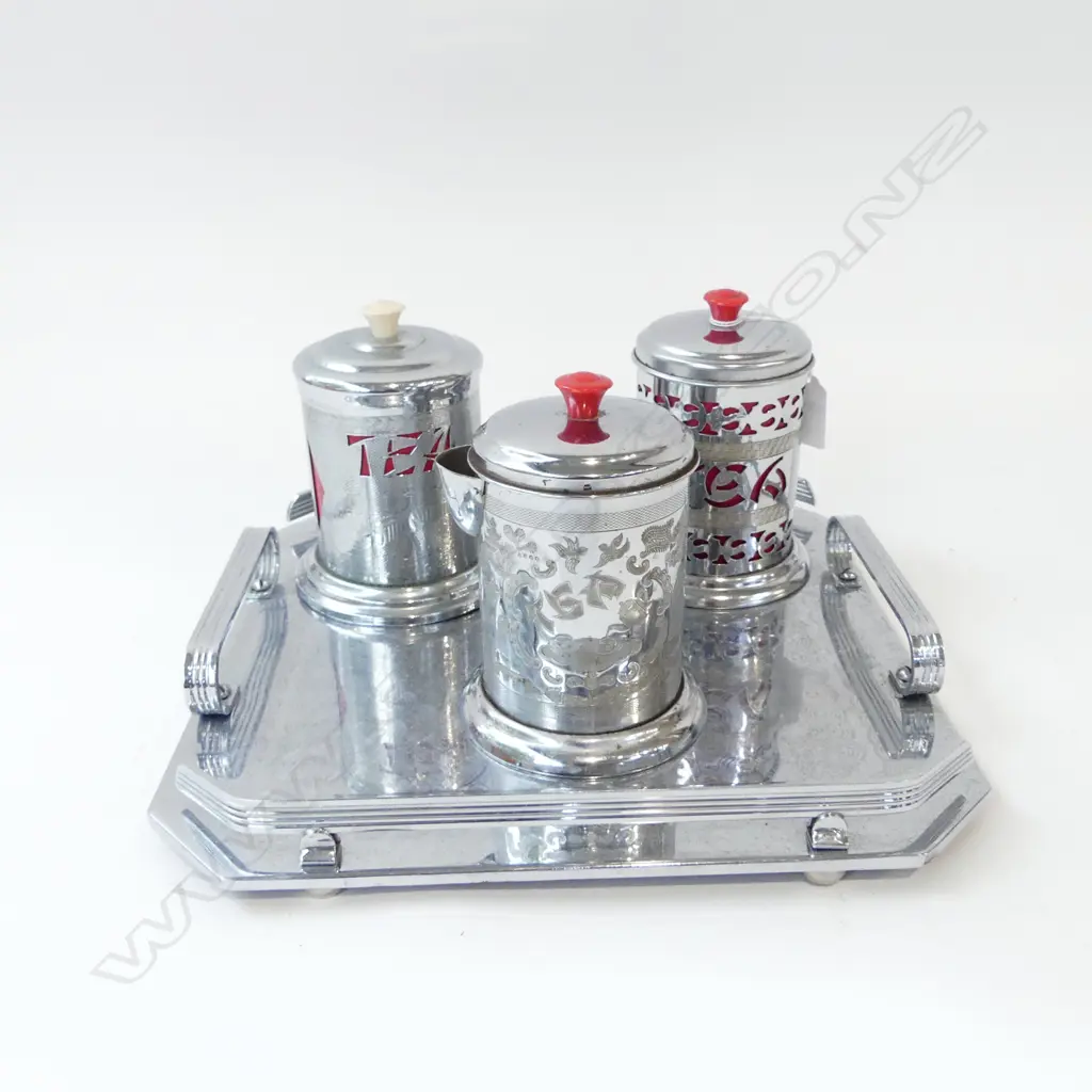 TWO SILVER METAL TEA CADDIES + JUG H.130mm ON METAL TRAY Image 1++