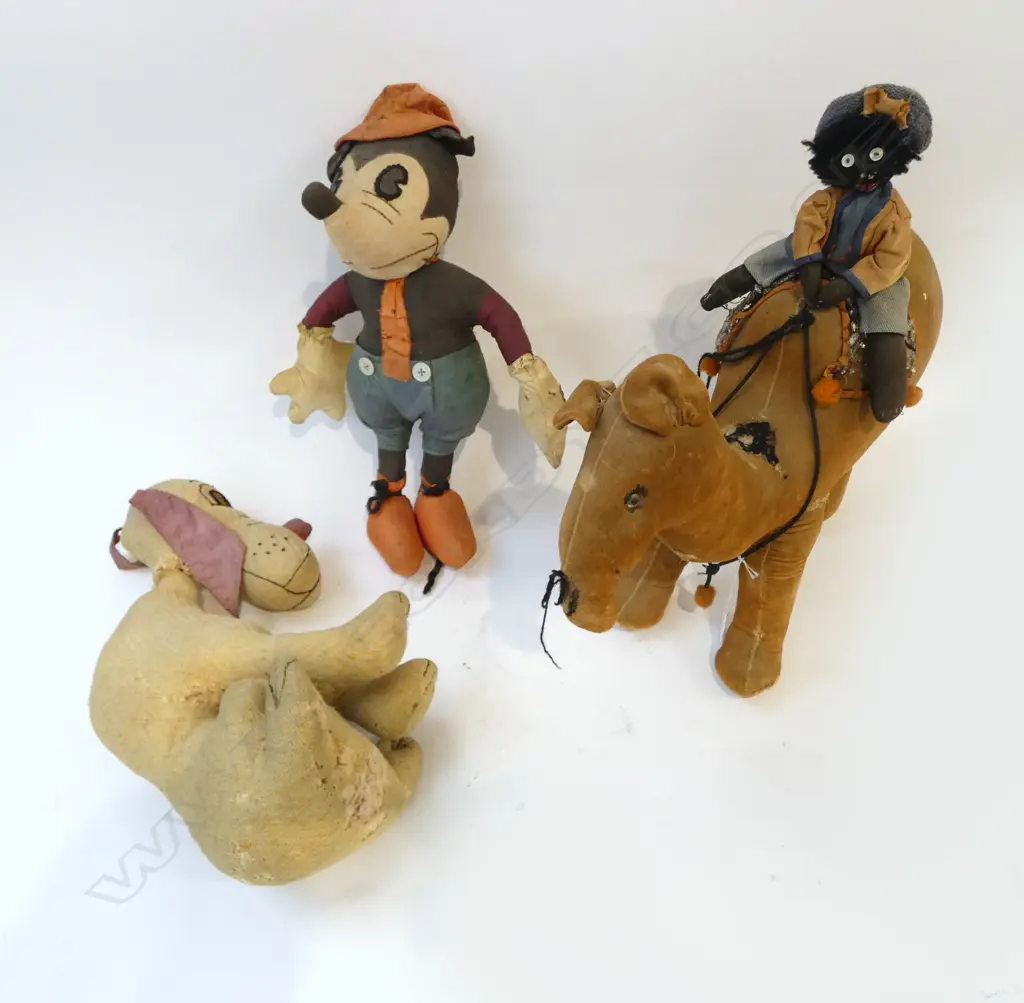 3 ANTIQUE HAND MADE SOFT TOYS; MICKEY, DONKEY, CAMEL L.570mm Image 1++