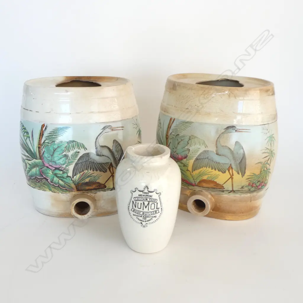 TWO VICTORIAN PICTORIAL PUB SPIRIT DISPENSERS (faulted) & GIANT NUMOL JAR Image 1++