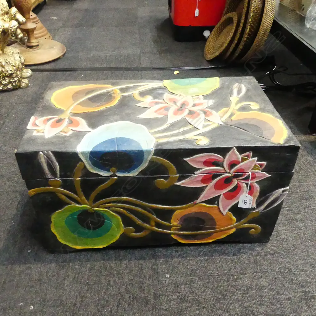 COLOURFUL PAINTED STORAGE BOX (INDONESIAN?) 480 x 270 X 270mm Image 1++