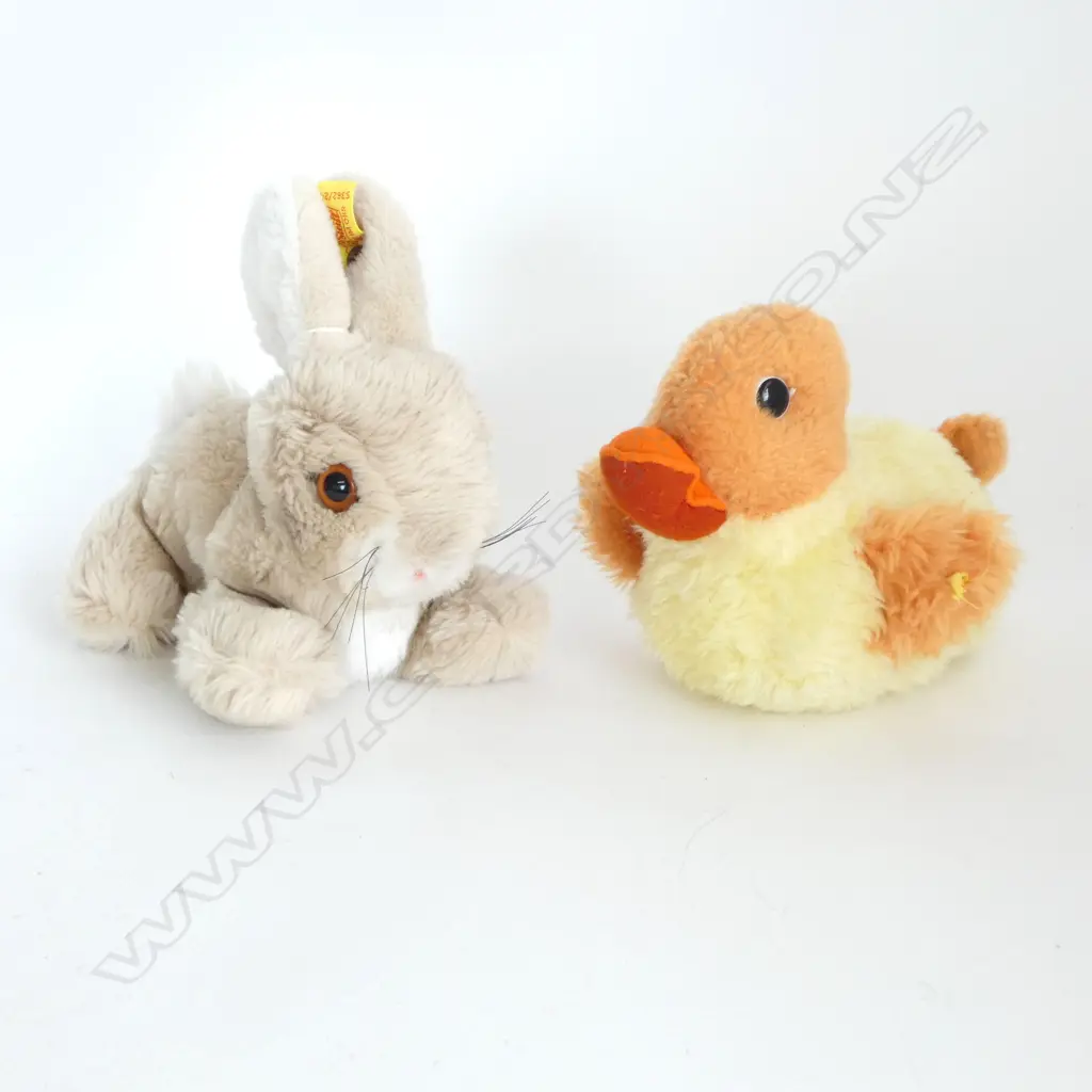 2 VINTAGE STEIFF SOFT TOYS; DUCKLING w button L.160mm & RABBIT w button & flag  L.200mm Image 1++