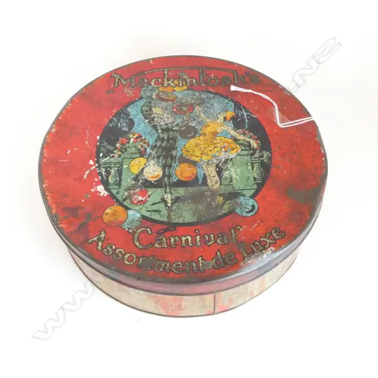 OLD ART DECO 'CARNIVAL ASSORTMENT DE LUXE' MACINTOSH LOLLY TIN or cake. Dia.255mm