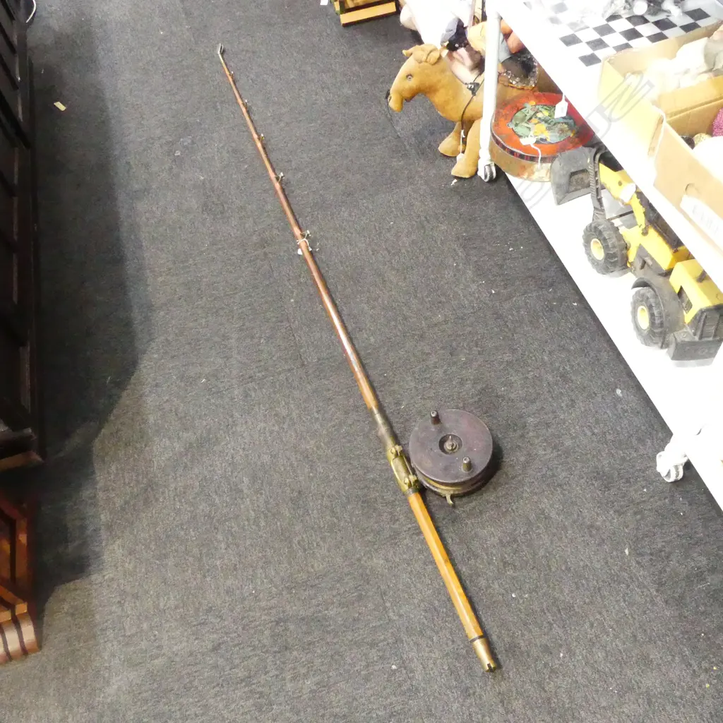 LARGE VINTAGE CANE & BRASS STAR BIG GAME ROD & REEL L2240MM  Image 1++
