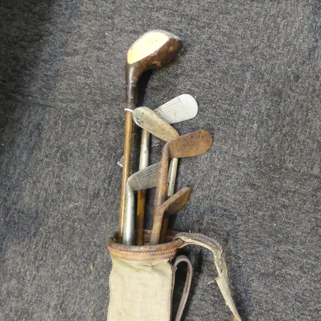 ANTIQUE VINTAGE GOLF BAG & 6 HICKORY SHAFTED GOLF CLUBS H1140 TALLEST Image 1++