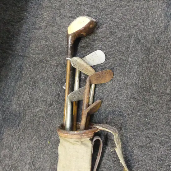 ANTIQUE VINTAGE GOLF BAG & 6 HICKORY SHAFTED GOLF CLUBS H1140 TALLEST