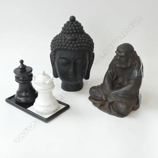 CAST METAL FIGURE + BLACK RESIN BUDDHA HEAD H.240mm, CHESS PCES CONTAINER