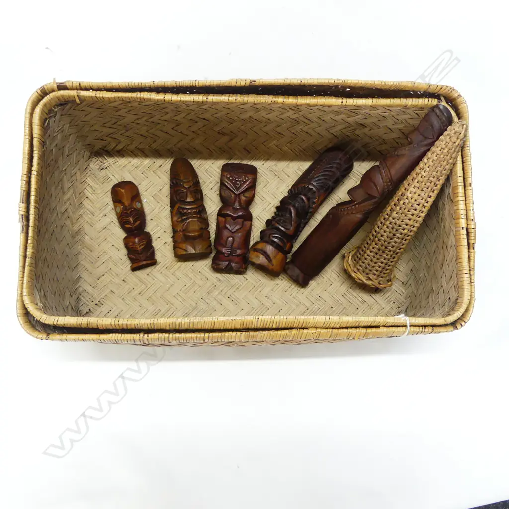 LIDDED MOSES BASKET + 5 TRIBAL CARVED WOODEN STATUES: Māori Hawaiian & Vanuatu + woven cane cylinder   Image 1++
