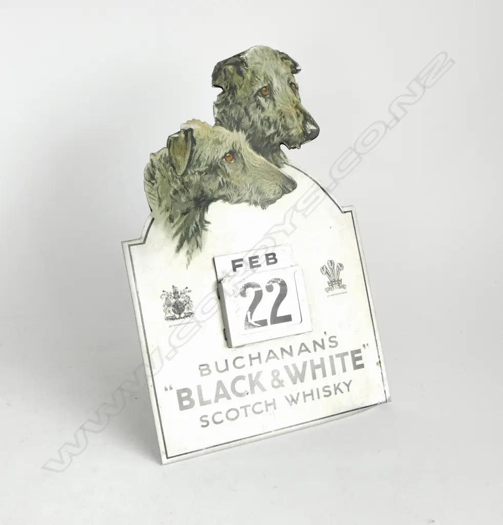 VINTAGE BUCHANAN'S BLACK & WHITE WHISKY TIN CALENDAR WITH WOLF HOUNDS 200 x300mm Image 1++