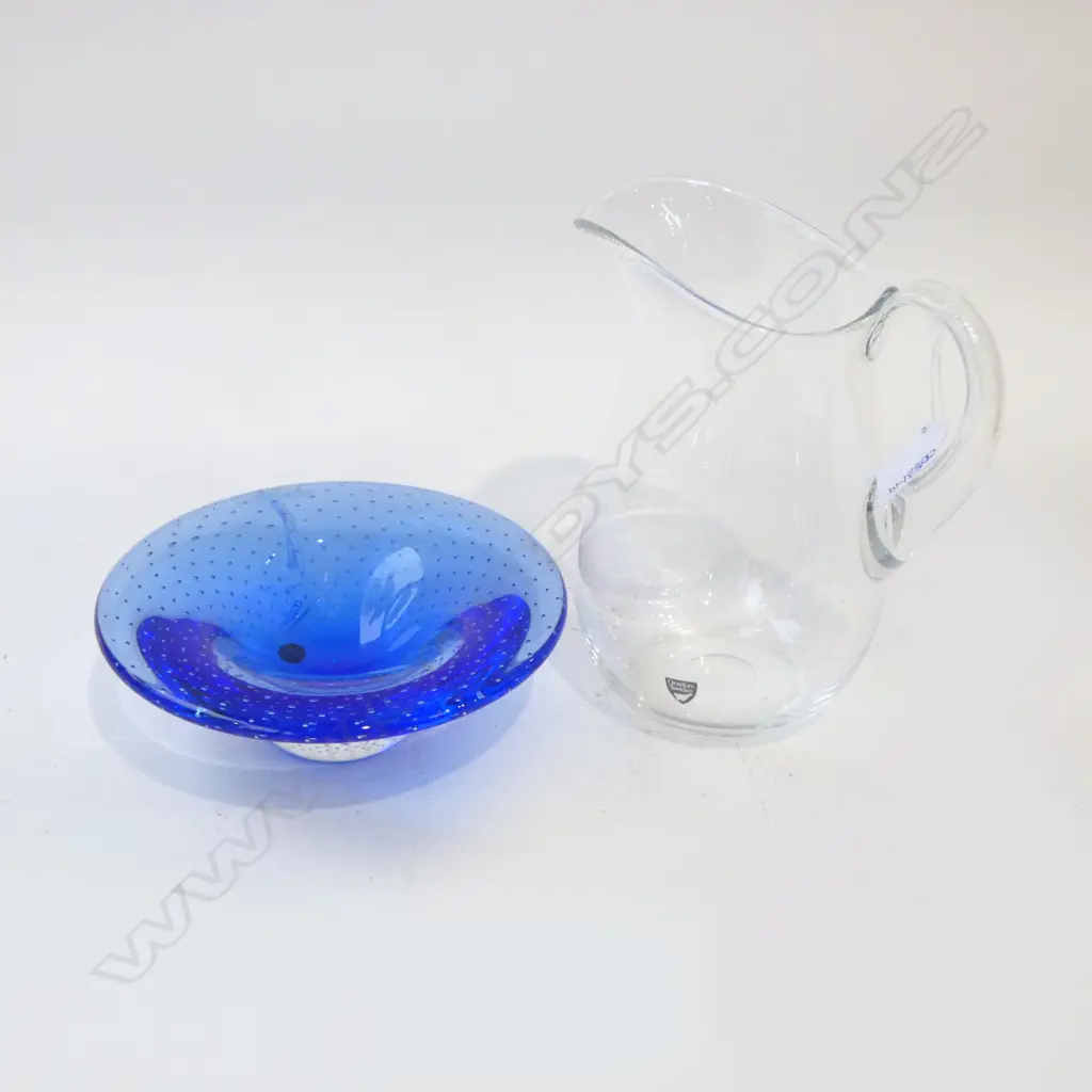 ORREFORS GLASS JUG + RICARO BLUE GLASS BOWL Dia.180mm Image 1++