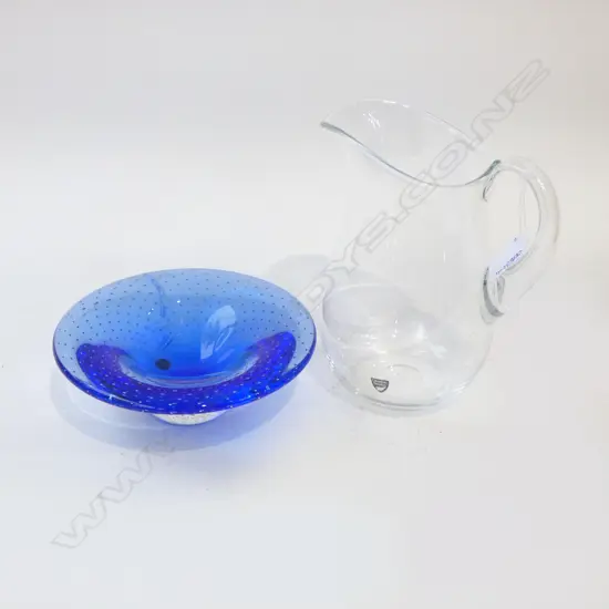 ORREFORS GLASS JUG + RICARO BLUE GLASS BOWL Dia.180mm