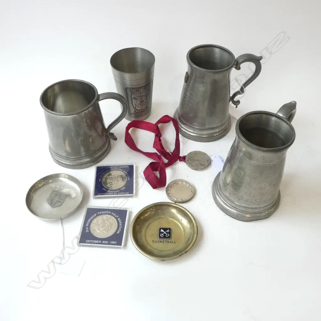 3 MARATHON MEDALIONS, ARMY ATHETIC MEDALION, 2 SPORTS DISHES, 3 PEWTER TANKERDS & CUP (10) Image 1++