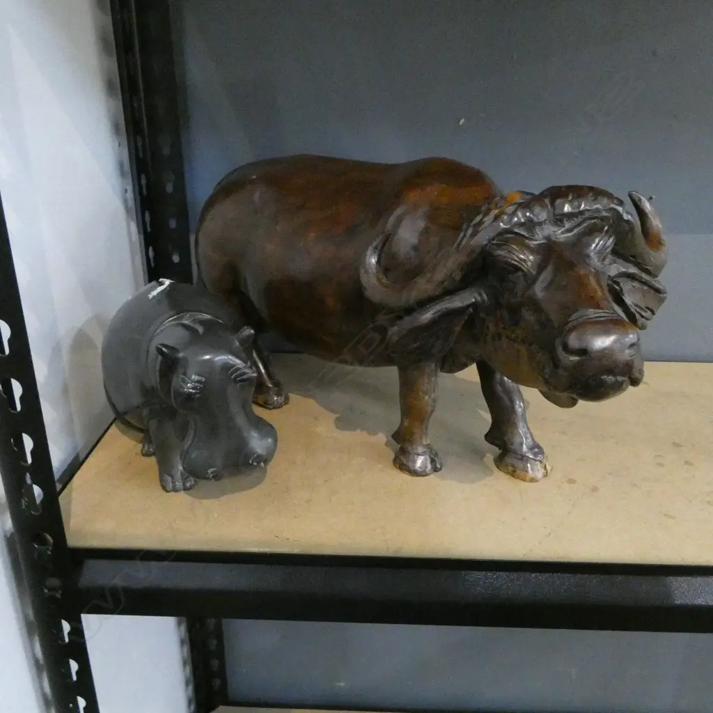 CARVED STONE HIPPO H.130mm & CARVED WOODEN HORNED BULL L.420mm both w. 1 leg repaired Image 1++