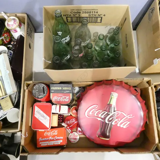 TWO BOXES OF ASST. VINTAGE COCA-COLA BOTTLES & MEMROBELIA