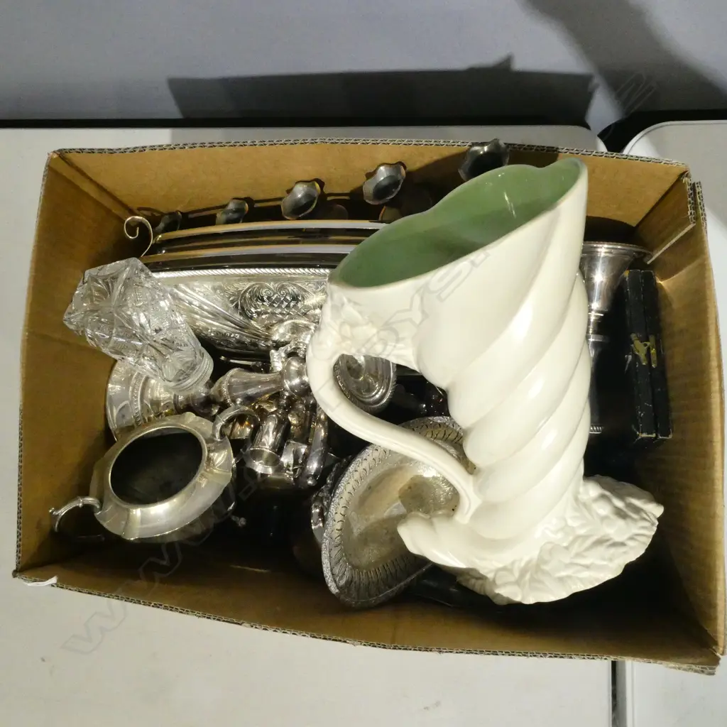 ASST. SILVER PLATE, CANDLESTICKS + CLARICE CLIFF JUG (CHIPS) Image 1++