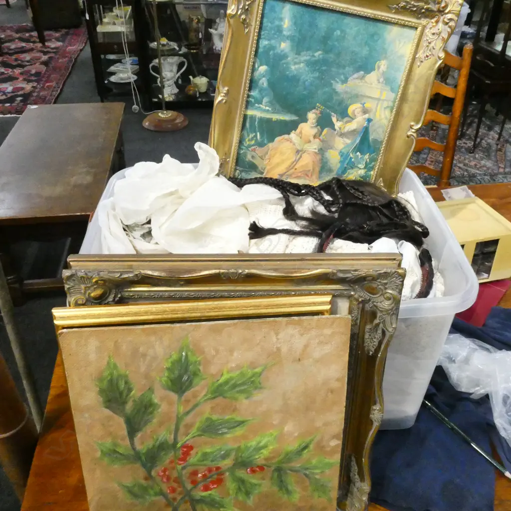 ASST. VINTAGE LINENS, WEDDING DRESS + ARTWORKS Image 1++