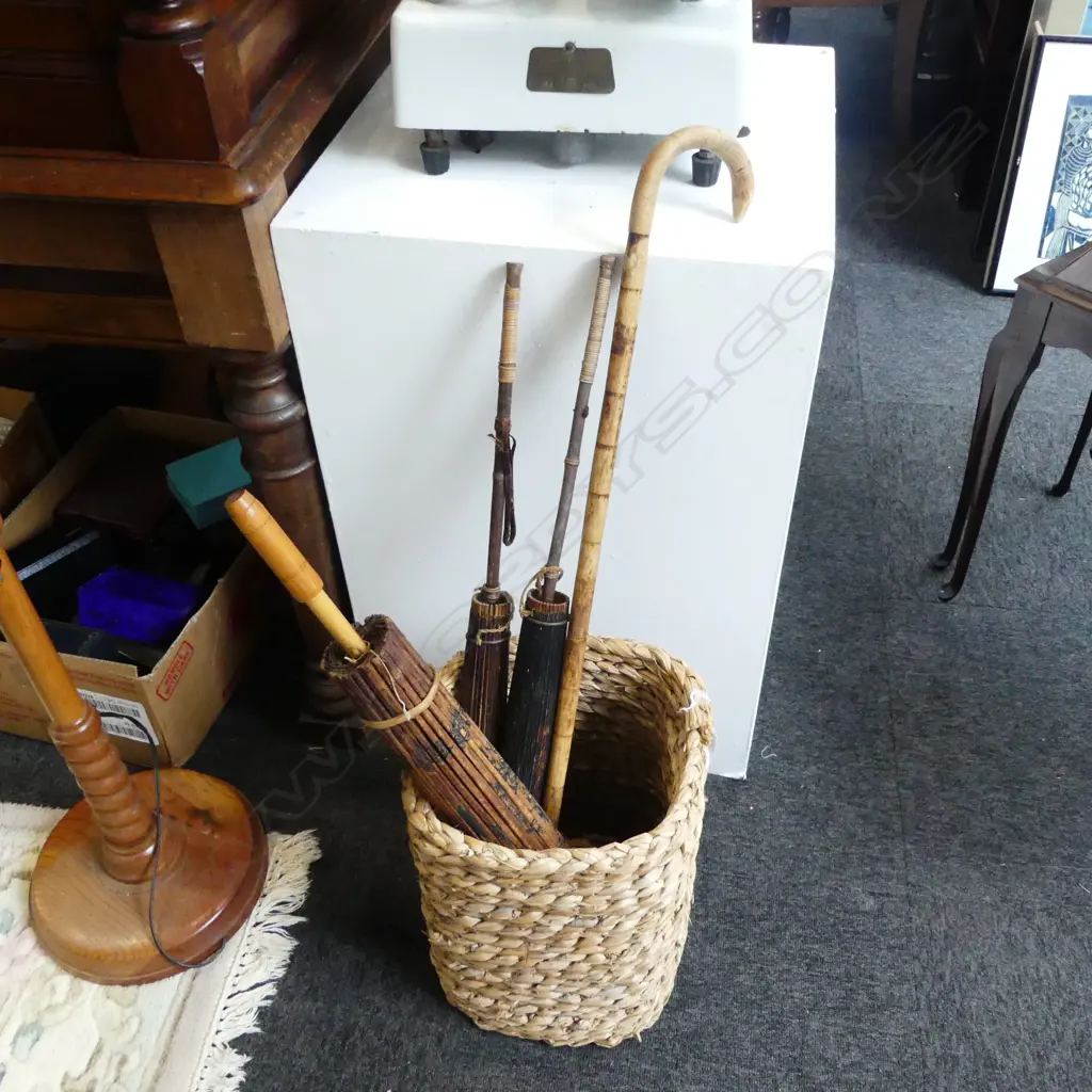 CANE WASTEPAPER BASKET WITH 3 VINTAGE PARASOLS  & WALKINGSTICK Image 1++