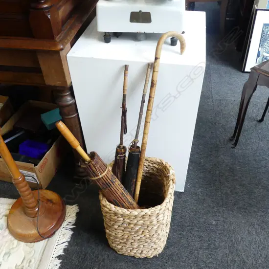 CANE WASTEPAPER BASKET WITH 3 VINTAGE PARASOLS  & WALKINGSTICK