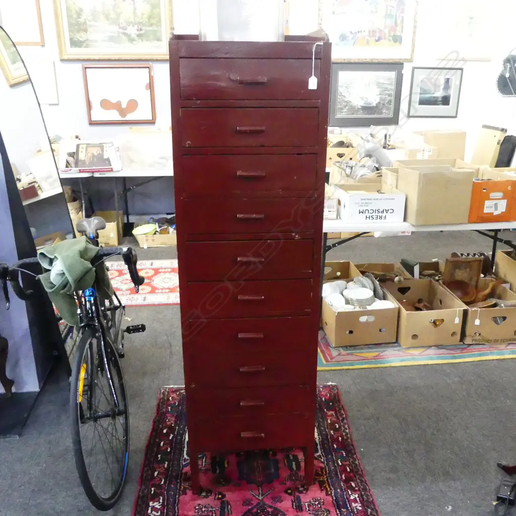 RED PAINTED 10 DRAWER TALL BOY 480x410x1700mm Image 1++