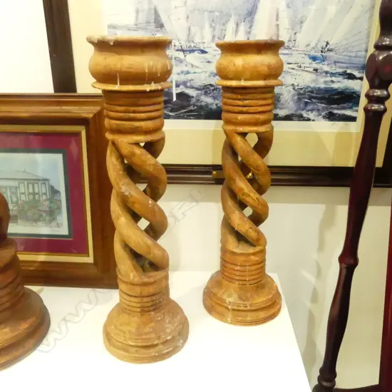PR  OF LARGE WOOD CARVED CANDLESTICKS H530MM