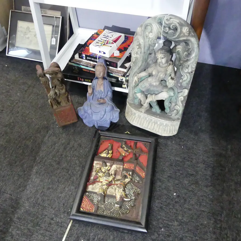 4 ORIENTAL PCES; 3 CARVED WOODEN H.480mm + CERAMIC TARA BUDDHA Image 1++