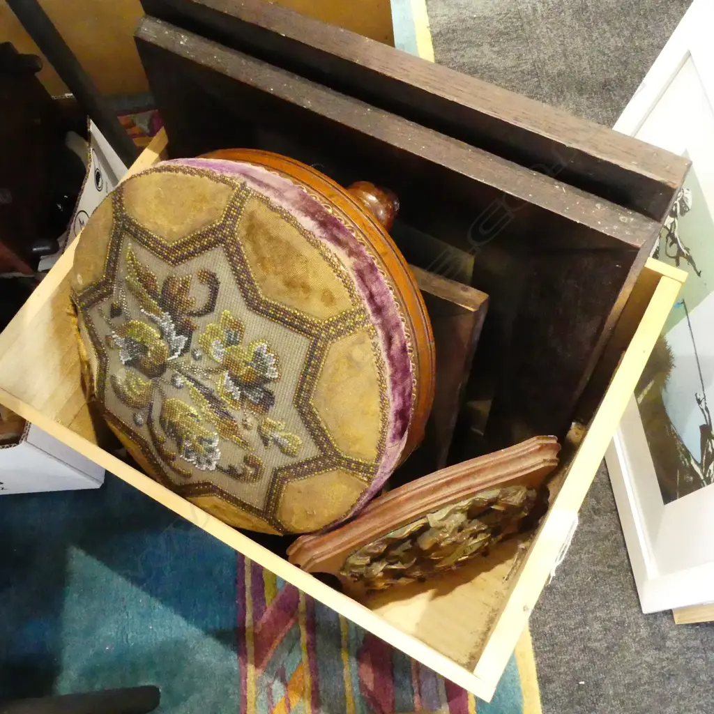 BOX OF FRAMED VINTAGE BLACK & WHITE PHOTOS  BUN FOOT STOOL ETC Image 1++