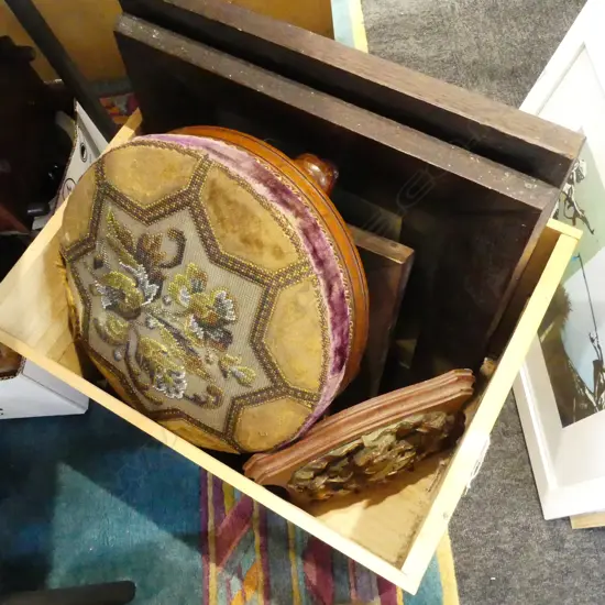 BOX OF FRAMED VINTAGE BLACK & WHITE PHOTOS  BUN FOOT STOOL ETC