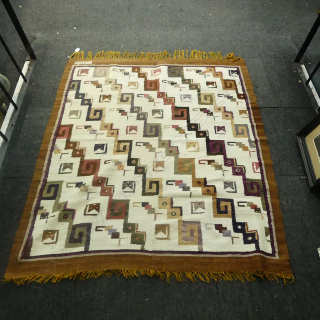 HAND WOVEN KELIM RUG CREAM & BROWNS  L1400 W1220MM Image 1++