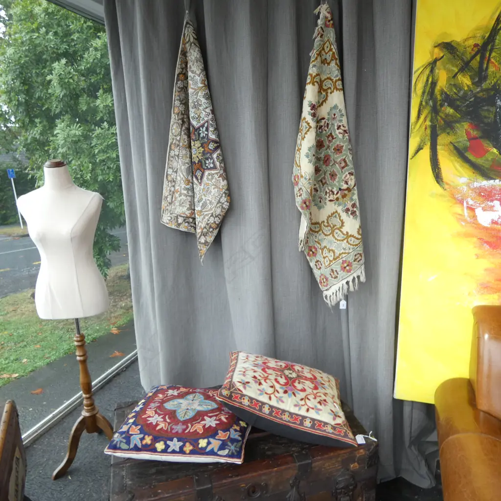 2 HAND EMBROIDED WALL RUGS & 2 HAND EMBROIDED CUSHIONS Image 1++