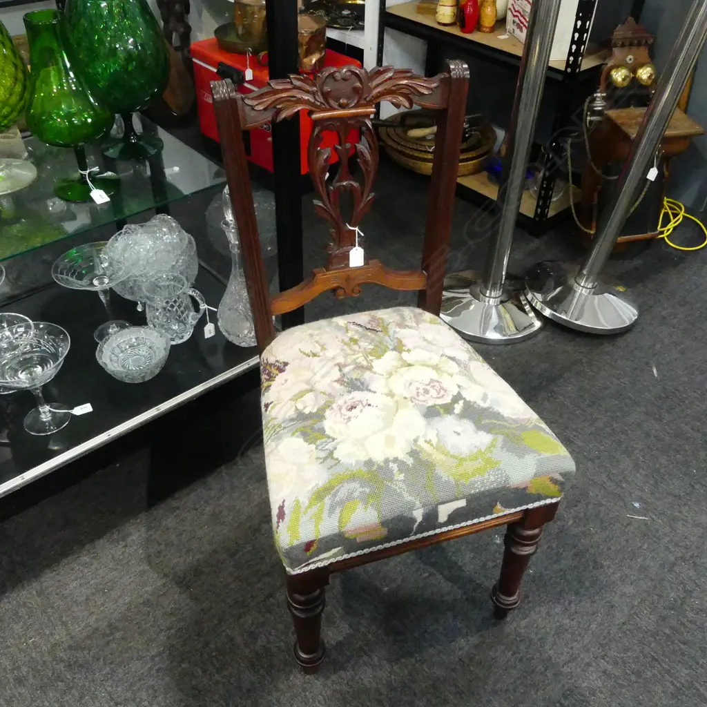 ART NOUVEAU CHAIR CARVED WOOD & EMBROIDERED SEAT. H.900mm Image 1++