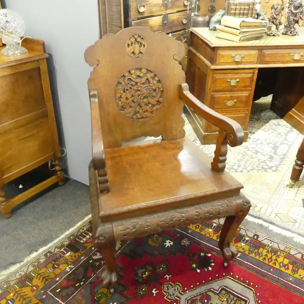 CHINESE HARDWOOD CARVED OPEN ELBOW CHAIR Image 1++