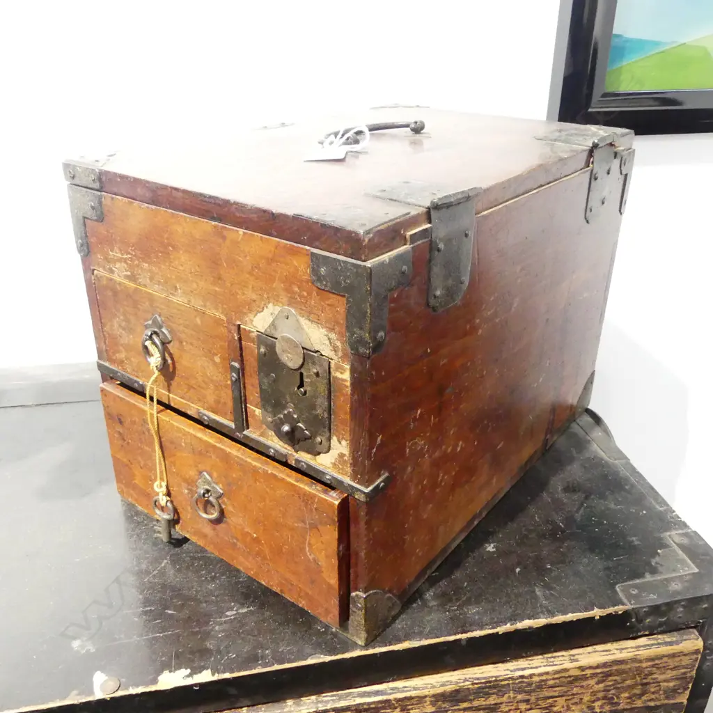 VINTAGE JAPANESE SMALL SAFE CHEST 3 drawers lift top  L.340mm metal fittings Image 1++