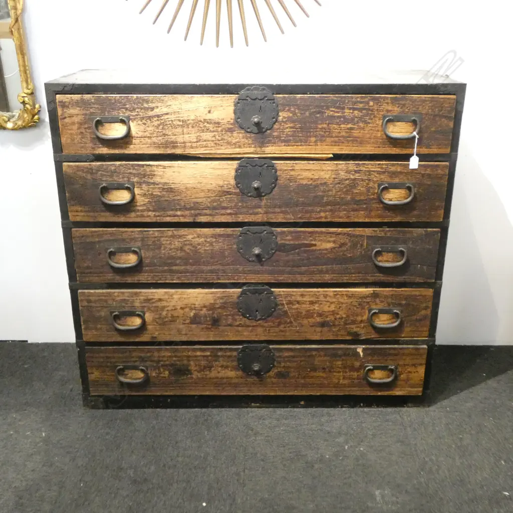 VINTAGE JAPANESE 19thC TANSU CHEST 5 DRAWER BLACK LACQUER 1145 X 410 X 1050mm Image 1++