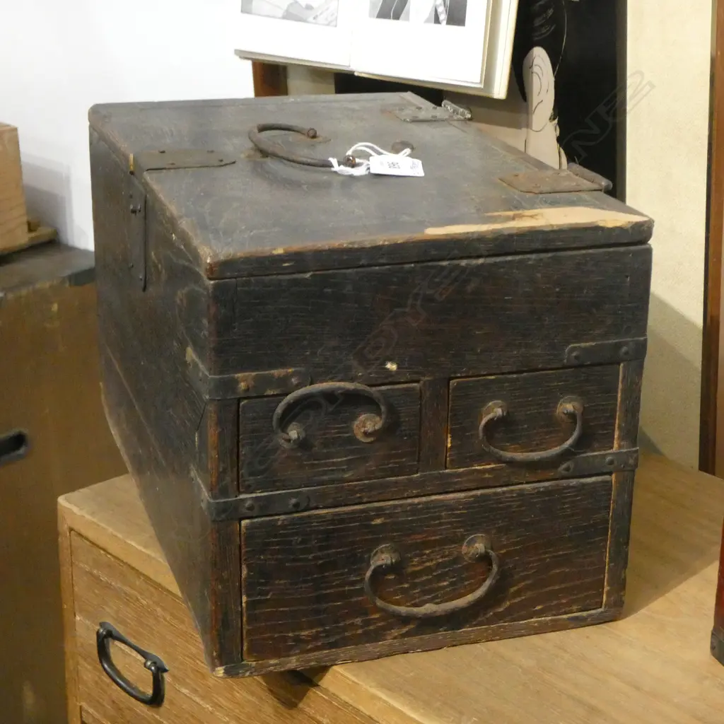 VINTAGE JAPANESE SMALL SAFE BOX W 3 drawers + hinged top L.305mm Image 1++