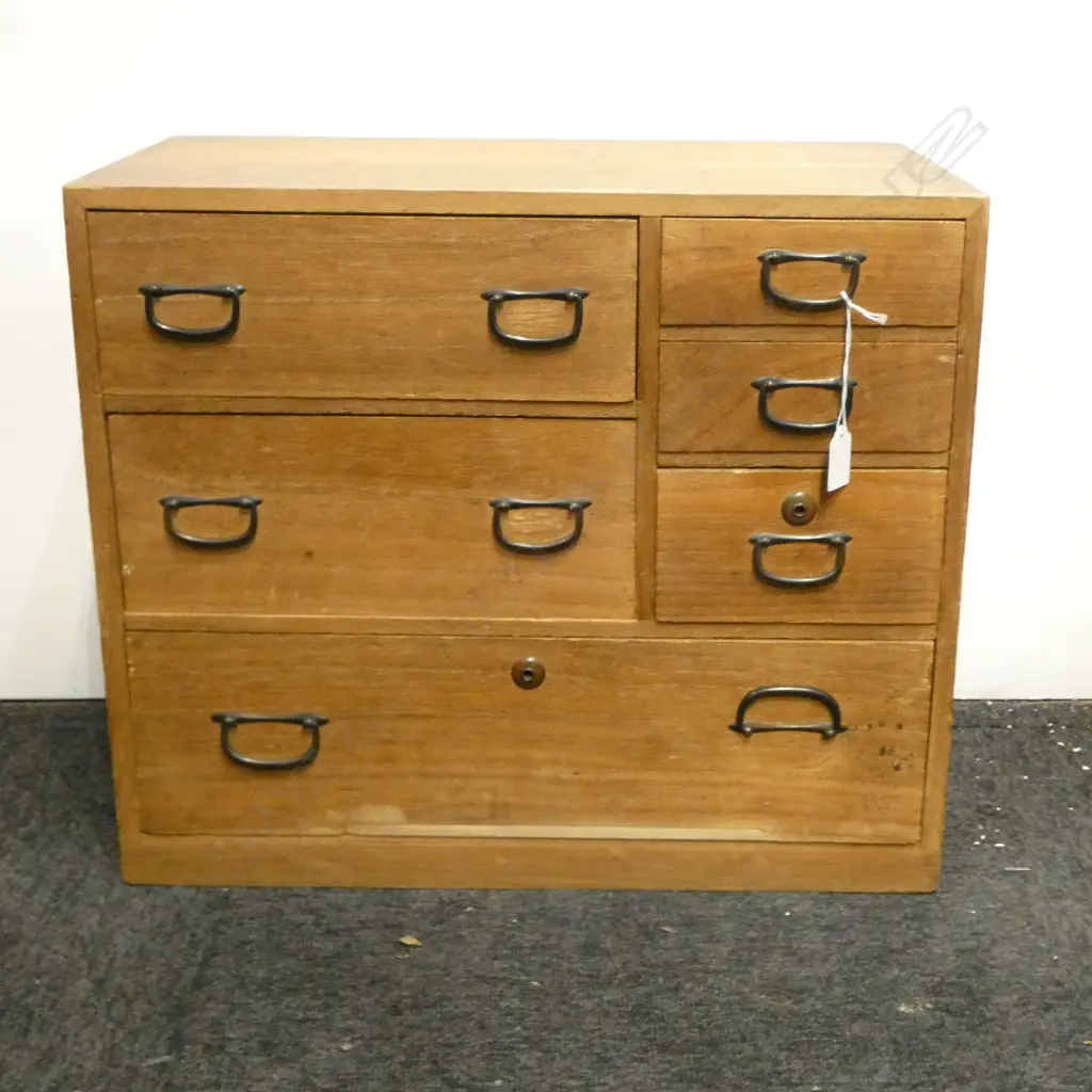VINTAGE JAPANESE PALE WOOD 6 DRAWER SMALL TANSU COLLECTOR'S CABINET W.440mm Image 1++