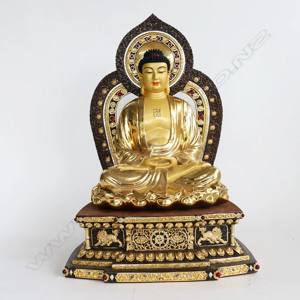 MODERN HIGH QUALITY BRASS JEWELLED BUDDHA ON ORNATE STAND, H.530mm Image 1++