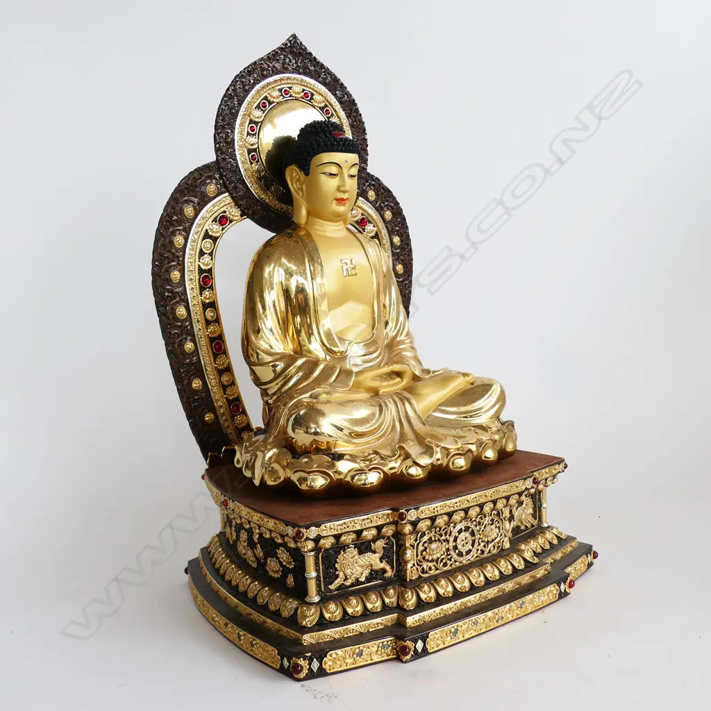 MODERN HIGH QUALITY BRASS JEWELLED BUDDHA ON ORNATE STAND, H.530mm Image 1++