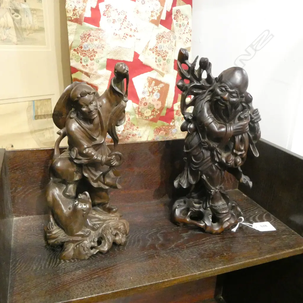 2 ORIENTAL CARVED WOODEN FIGURES H.280mm AF Image 1++