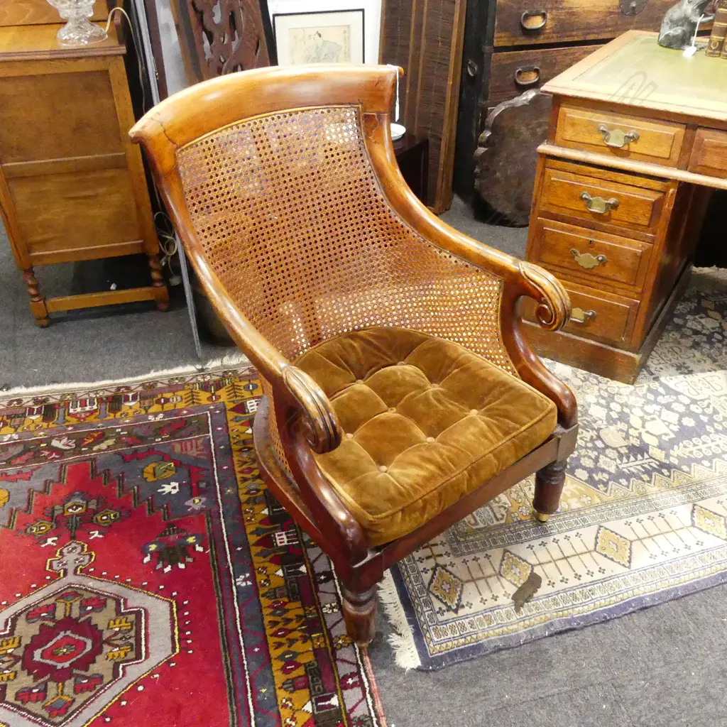 WILLIAM IV ANTIQUE CANED BACK CHAIR ON CASTORS BUTTONED CUSHION (repair to back) Image 1++